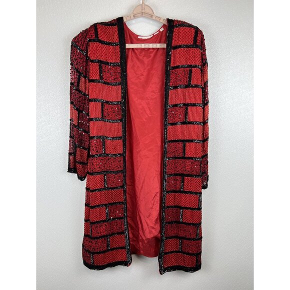 VTG Women 2X Bold Sequin Silk Red Black Beaded Geometric Retro 38" Long Jacket - Picture 11 of 11
